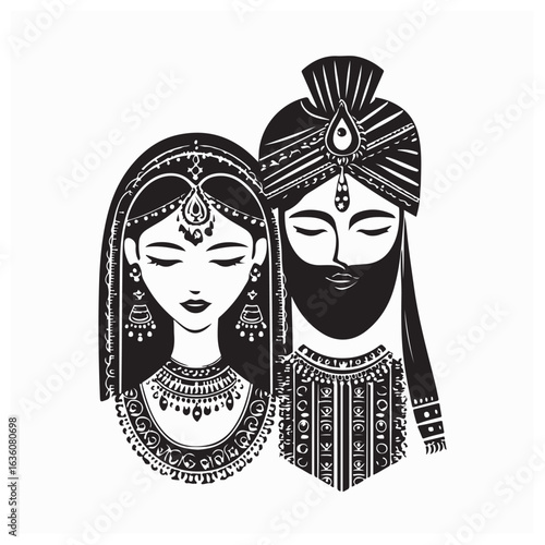 Simple Vector Illustration of Indian Bride and Groom in Traditional Wedding Attire