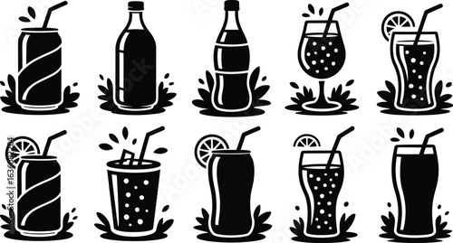 refreshing, cold drink, drink label, drink splash, drink icon, black silhouette, 