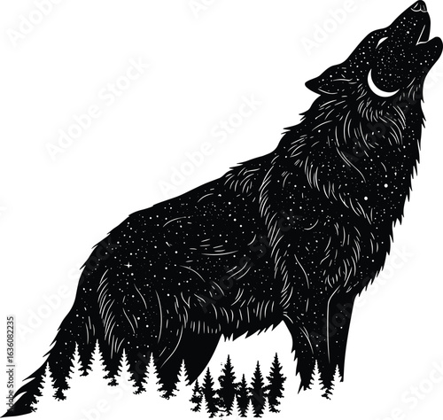 Howling wolf silhouette, night sky, crescent moon, starry forest, wild animal, nature art, double exposure design, wildlife illustration, majestic wolf, wilderness scene