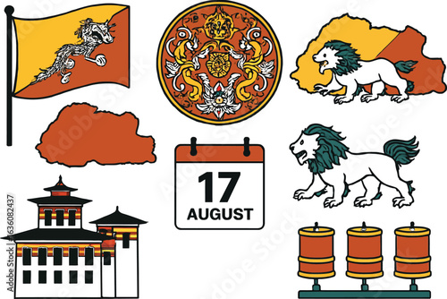 Bhutanese National Day vector set with national pride symbols, Bhutan flag, Druk, lion, and historical icons.