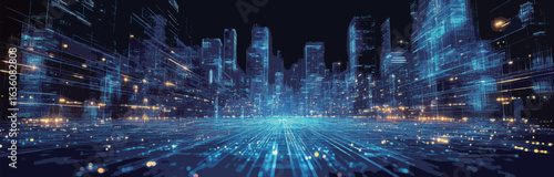 A cityscape with a blue sky and a city view. The city is lit up with lights and the sky is filled with stars