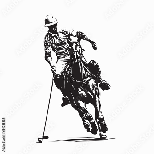 Equestrian Polo Sport Vector with Rider and Horse on White Background