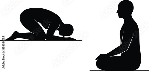 Silhouette of man praying and meditating, Islamic prayer positions, worship, spiritual mindfulness, religious devotion, kneeling, sitting meditation, peaceful posture