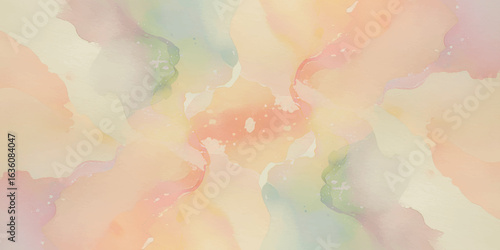 Abstract soft water color background with light pink, peach, yellow, and pale blue, with gentle gradients and fluid brushstrokes creating a dreamy, ethereal effect.	