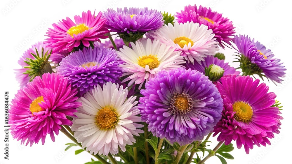 Fototapeta premium Beautiful bouquet of pink, purple, and white chrysanthemums on a white background