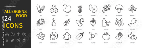 Allergens food icon set. Soy, sugar, eggs, celery, fish, meat, onion, gluten, lactose, sesame seeds, chicken, lupin, crustaceans, mustard, sulfites, tomato, etc. Vector illustration. Editable stroke.