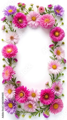 Beautiful Colorful Aster Flowers Arranged in a Rectangular Frame on White Background