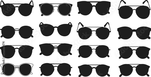 Sunglasses collection, various eyewear silhouettes, stylish black frames, trendy fashion accessories, summer style, optical glasses, modern design, vector illustration set, isolated shapes