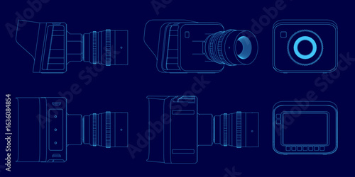 Blueprint outlines of various digital cameras displayed on a blue background, showcasing different designs and styles. The technical illustration highlights contours and shapes of DSLR, mirrorless.