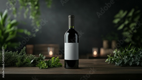 Red Wine Bottle Mockup with Herbs