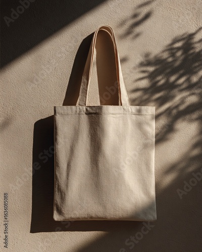 Minimalist flat lay shot of a plain canvas tote bag on a neutral background.