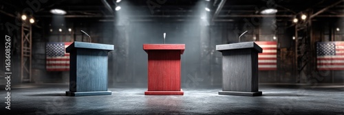 Three podiums set for a political debate in a dimly lit industrial venue with American flags in the background
