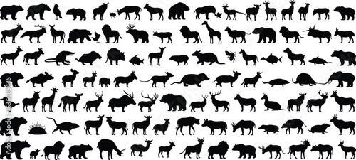 Wild animal silhouettes, black vector wildlife icons, forest jungle animals, deer bear lion giraffe fish, nature creatures illustration set, design elements