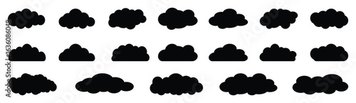 Set of black clouds in flat style on white background. Fluffy clouds silhouettes. Vector set of clouds shapes. Collection of various forms and contours. black cloud shape illustration design .