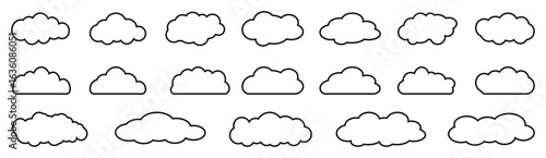 Set of Cloud Icon Black Line. Clouds vector Illustration with Weather Climate Symbol. Editable stroke thin line with Cartoon Bubble Sign.