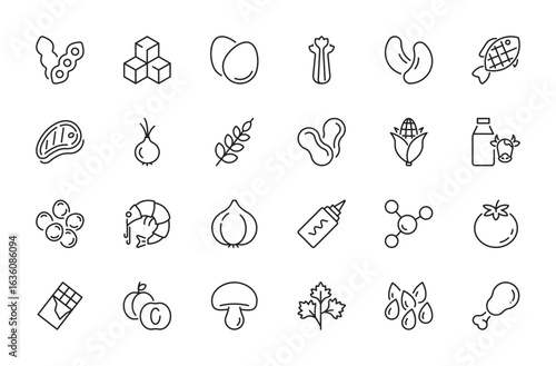 Allergens food icon set. Soy, sugar, eggs, celery, fish, meat, onion, gluten, lactose, sesame seeds, chicken, lupin, crustaceans, mustard, sulfites, tomato, etc. Vector illustration. Editable stroke.