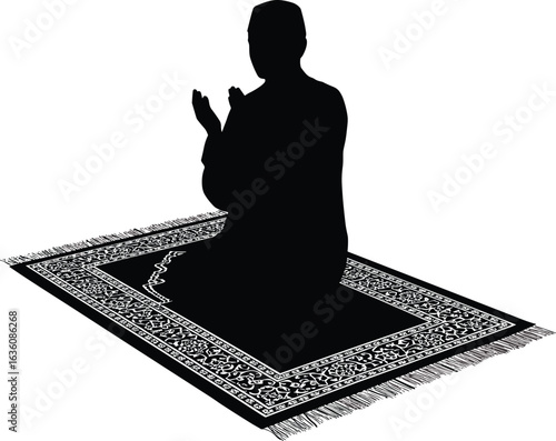 Silhouette of Muslim man praying on prayer mat, hands raised in supplication, Islamic worship, spiritual faith, religion, devotion, meditation