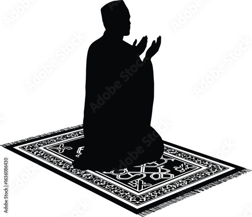 Silhouette of Muslim man praying on prayer mat, hands raised in supplication, Islamic worship, devotion, spirituality, religion, faith, meditation