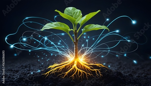 Green Plant Growing from a Seed with Glowing Digital Roots

