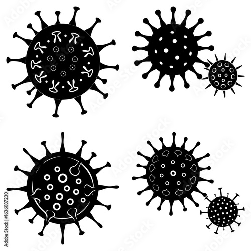 Four black and white virus cells with spikes and internal patterns on a white background illustration