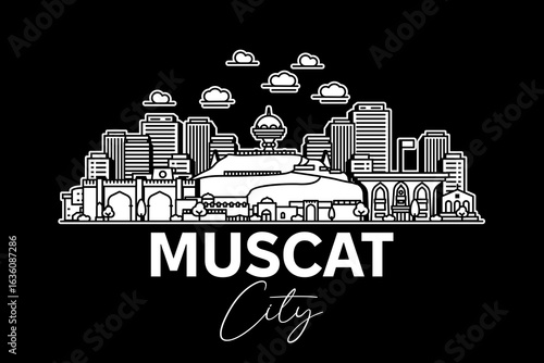 Muscat, Oman architecture line skyline illustration with shadows. Linear vector cityscape with famous landmarks, city sights, design icons.