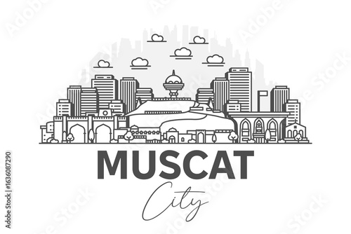 Muscat, Oman architecture line skyline illustration with shadows. Linear vector cityscape with famous landmarks, city sights, design icons.