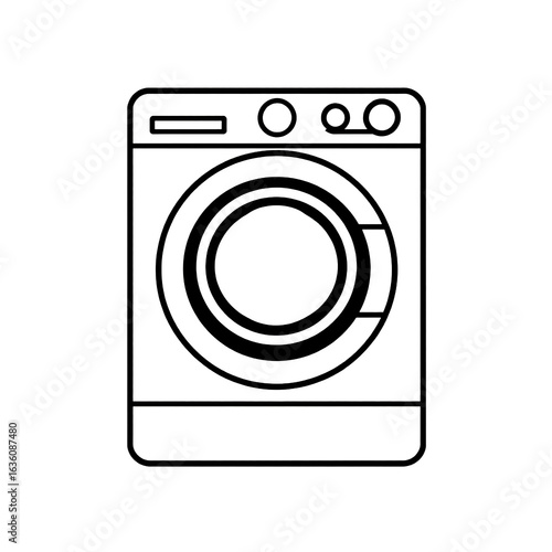 Minimalist black and white line icon illustration of a front load washing machine, suitable for home appliance designs.