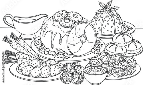 Festive Table Spread Illustration Featuring Gravy Boat, Iced Cakes, Pudding Dessert, Carrots, Potatoes, Nuts, Sauce Bowl, Buns, and Assorted Pastries in Abundant Celebration Style