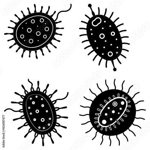 Illustration of four black and white bacteria cells with various internal structures and appendages