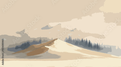desert landscape, foggy mountains