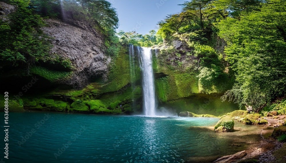 Fototapeta premium majestic waterfall plunges over cliffs into a pristine pool green rocks