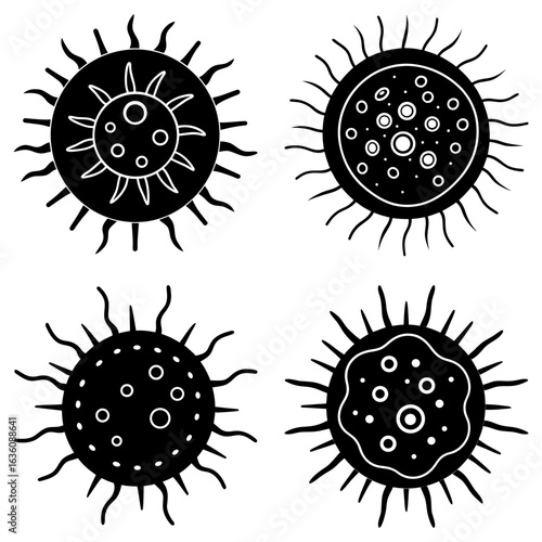 Illustration of four stylized virus or bacteria cells with spiky projections and circular internal features