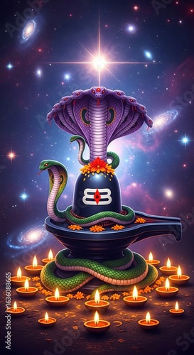 Shiva lingam with nagas and candles hindu god shiva hinduism spiritual art cosmic background