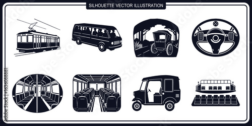Silhouette vector illustration of various public transport vehicles isolated on white background