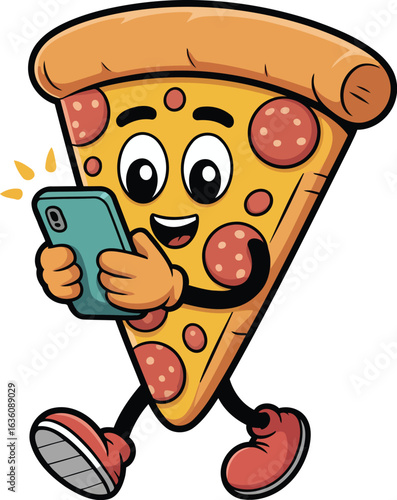 Funny Cartoon Pizza Slice Using Smartphone Vector Design, Transparent Background.