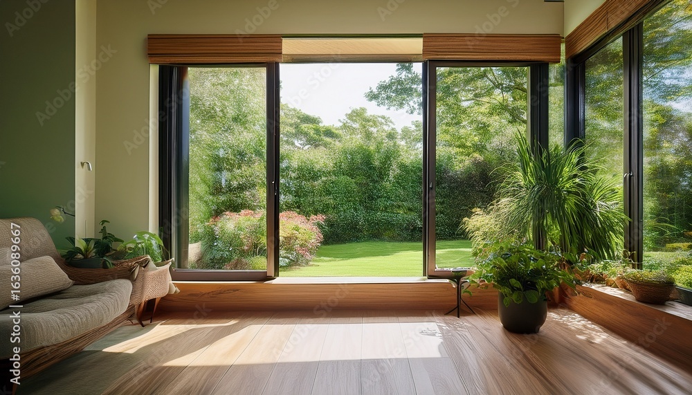 Fototapeta premium cozy room with open windows overlooking a lush green garden
