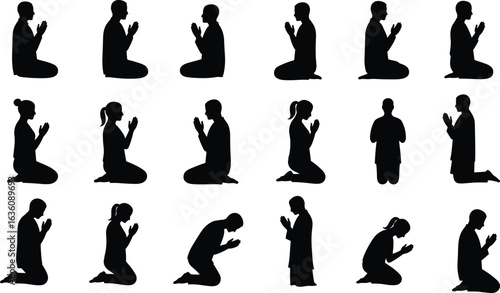Silhouette of people praying in different kneeling positions, religious worship concept, faith illustration, spiritual devotion art, meditation, Islamic, Christian prayer poses