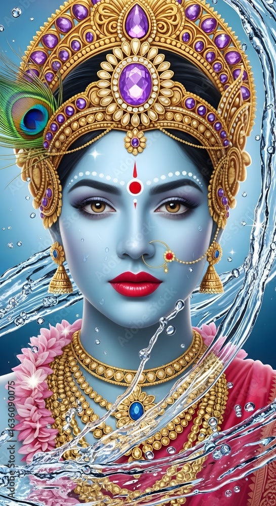 Beautiful krishna goddess portrait with jewelry and peacock feather digital painting artwork Beautiful krishna goddess portrait with jewelry and peacock feather digital painting artwork