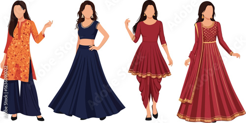 Four women in various traditional Indian outfits, showcasing different styles and designs.