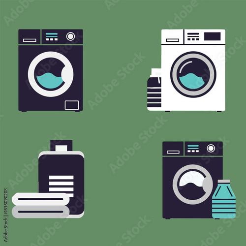 Four illustrations showing washing machines, detergent bottles, and folded towels on a green background.