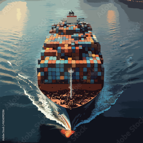A large cargo ship is sailing through the ocean. The ship is filled with containers and is traveling at a fast pace. Concept of movement and progress