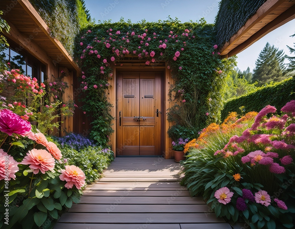 Obraz premium a captivating wooden door framed by vibrant flowers and greenery offering a glimpse into a serene and inviting outdoor space that symbolizes a connection to nature s beauty