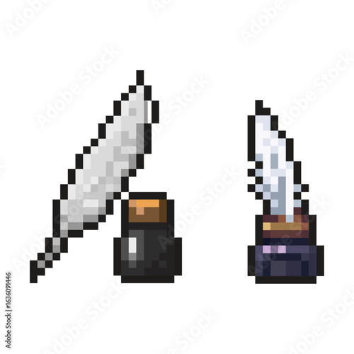 Pixel Art Quill Pen and Inkwell Sprite Set. A set of pixel art icons featuring a classic white feather quill and a dark inkwell. 