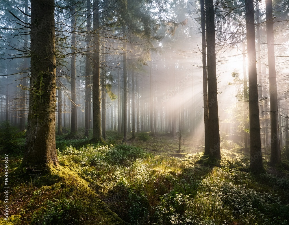 Fototapeta premium misty forest with sunlight filtering through the trees