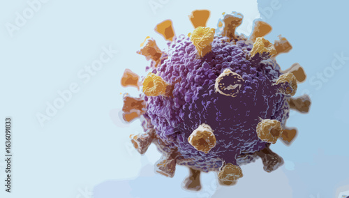 A close up of a virus with yellow and orange spots. The virus is surrounded by other viruses
