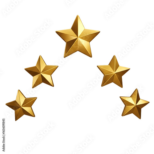 Five golden stars isolated on transparent background