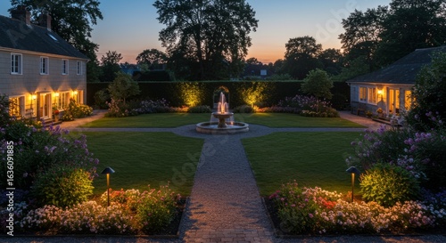 A photograph of a sprawling meticulously landscaped garden at twilight