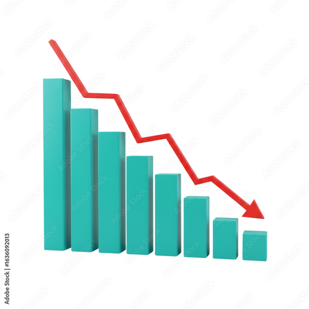 3d bar chart with red arrow showing downward trend isolated on transparent background 3d bar chart with red arrow showing downward trend isolated on transparent background