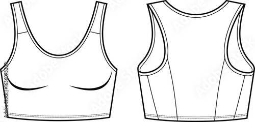Sleeveless crop top drawing, front view, back view, scoop neckline, curved seams, vertical stitching, fashion sketch, garment design, clothing template, vector illustration, activewear.
