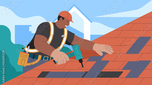 roofer with a nail gun installing shingles on a house vector illustration